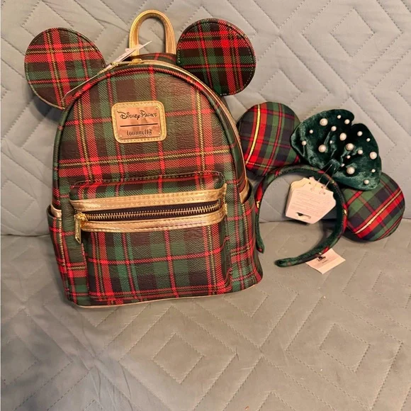 Loungefly Disney Red and Green Plaid Mini Backpack with matching Disney ears. - Picture 1 of 2